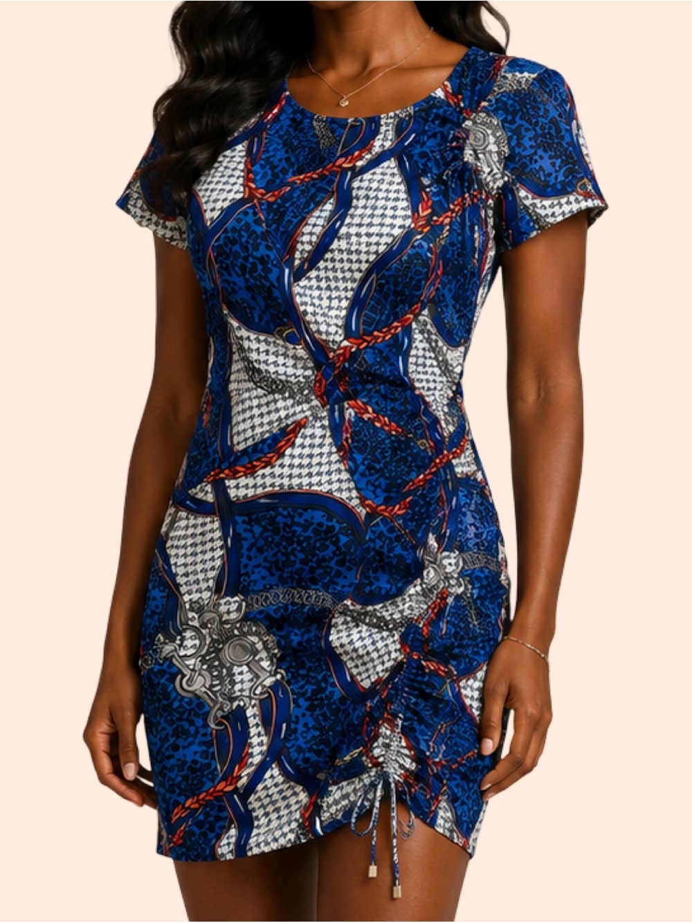 Vintage Newport News Patterned Short Sleeve Ruched Mini Dress